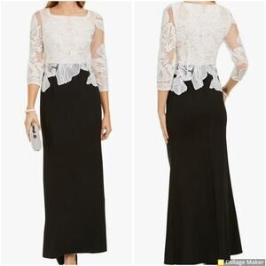 Adrianna Papell Embroidered Contrast Evening Gown Black Ivory Women's Size 2